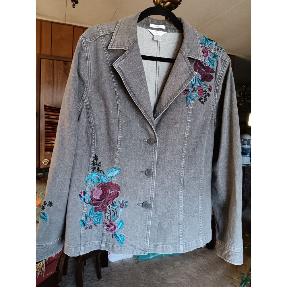 CJ Banks Gray Stretch Denim Jacket Floral Embroidery 1X Plus Size